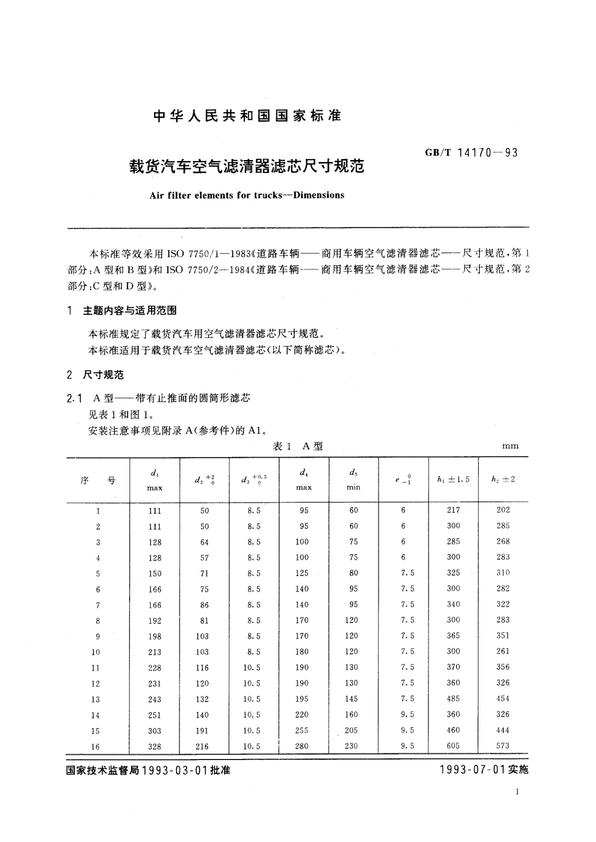GB/T 14170-1993 载货汽车空气滤清器滤芯尺寸规范