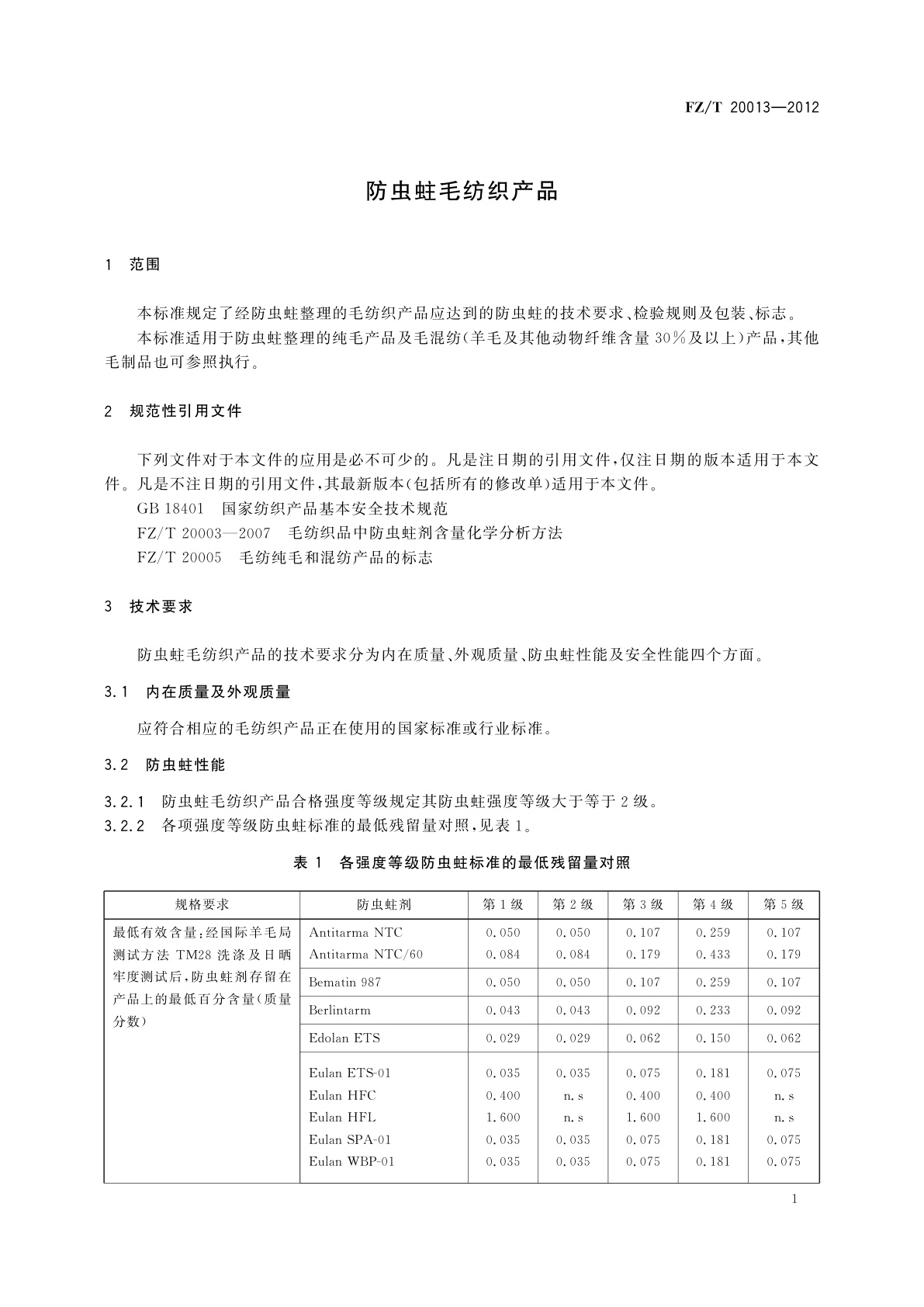 FZ/T 20013-2012 防虫蛀毛纺织产品