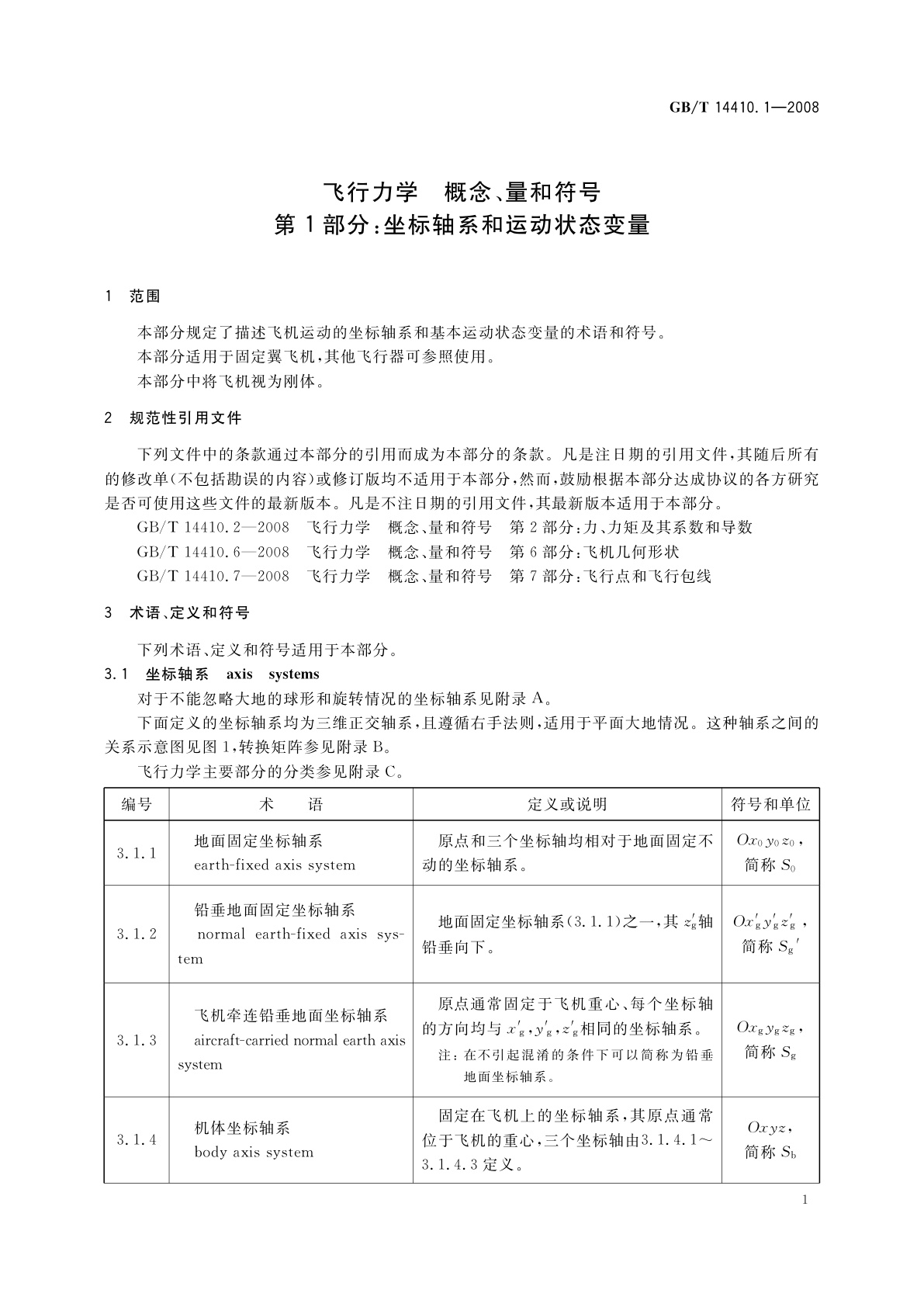 GB/T 14410.1-2008 飞行力学　概念、量和符号　第1部分：坐标轴系和运动状态变量