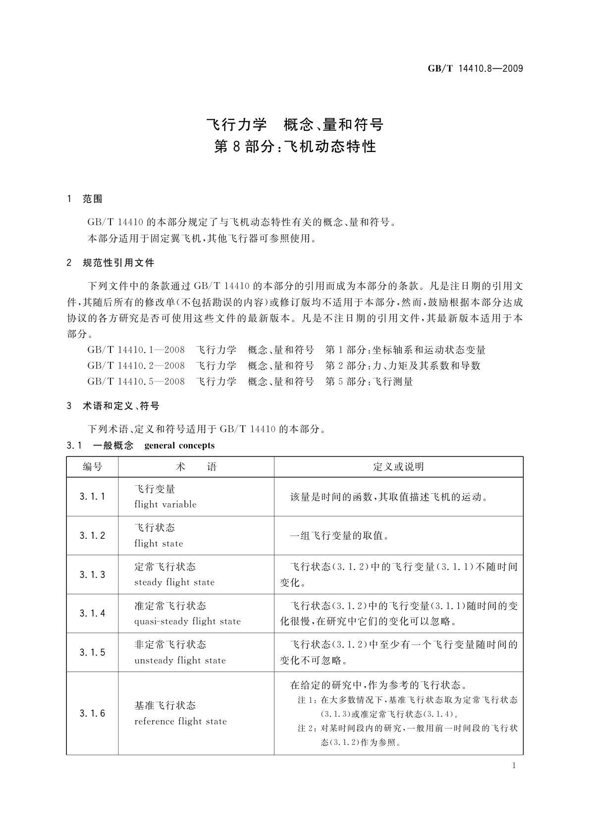 GB/T 14410.8-2009 飞行力学　概念、量和符号　第8部分：飞机动态特性