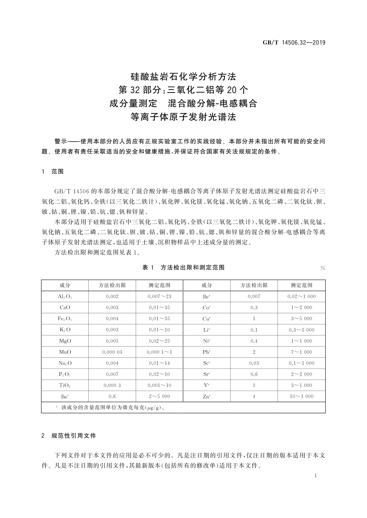 GB/T 14506.32-2019 硅酸盐岩石化学分析方法　第32部分：三氧化二铝等20个成分量测定　混合酸分解-电感耦合等离子体原子发射光谱法