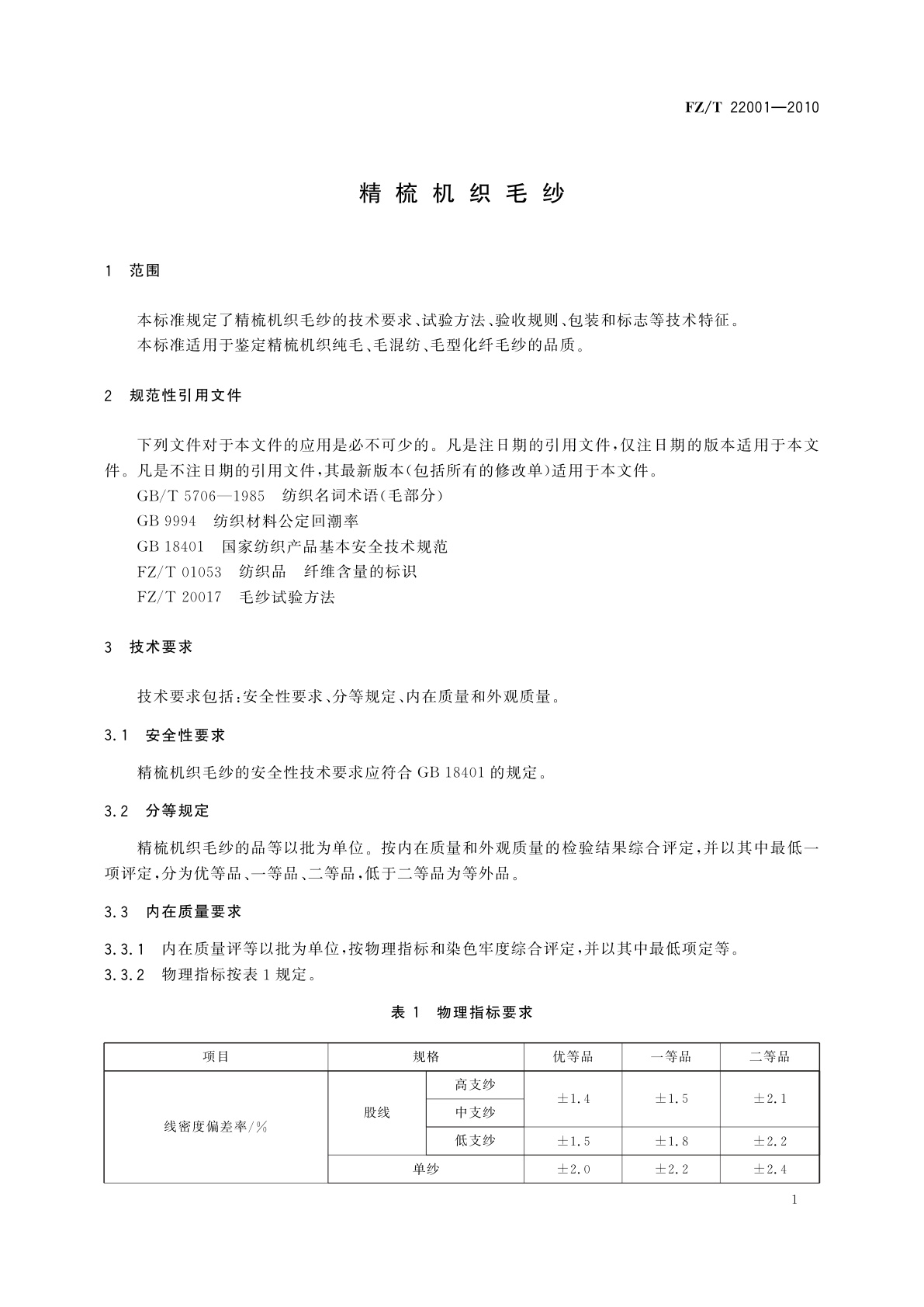 FZ/T 22001-2010 精梳机织毛纱