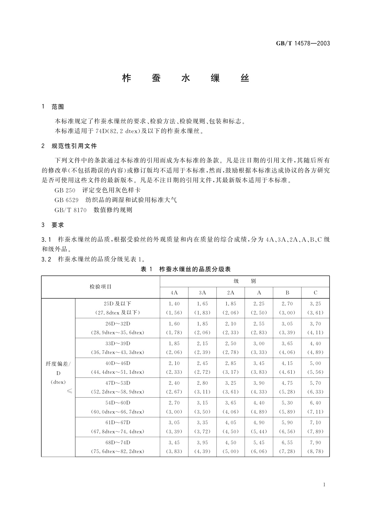 GB/T 14578-2003 柞蚕水缫丝