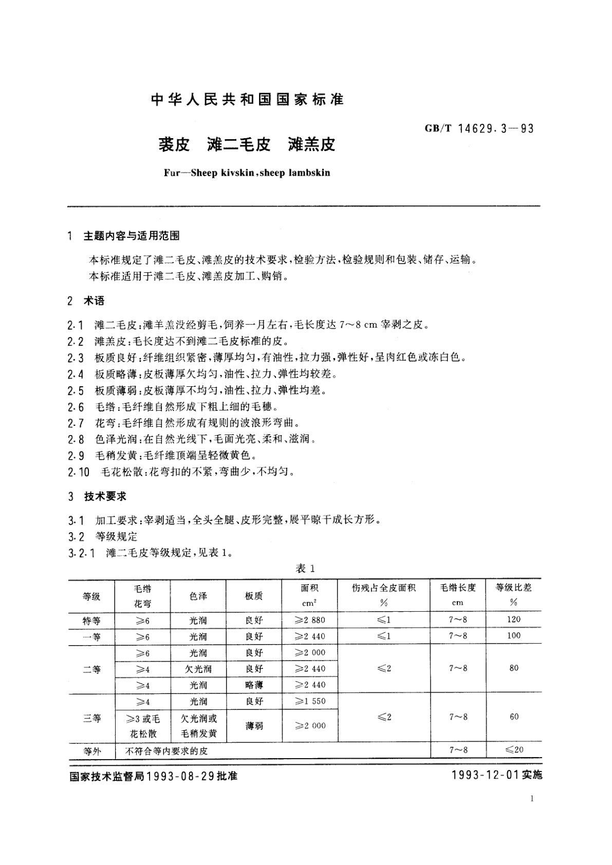 GB/T 14629.3-1993 裘皮　滩二毛皮　滩羔皮