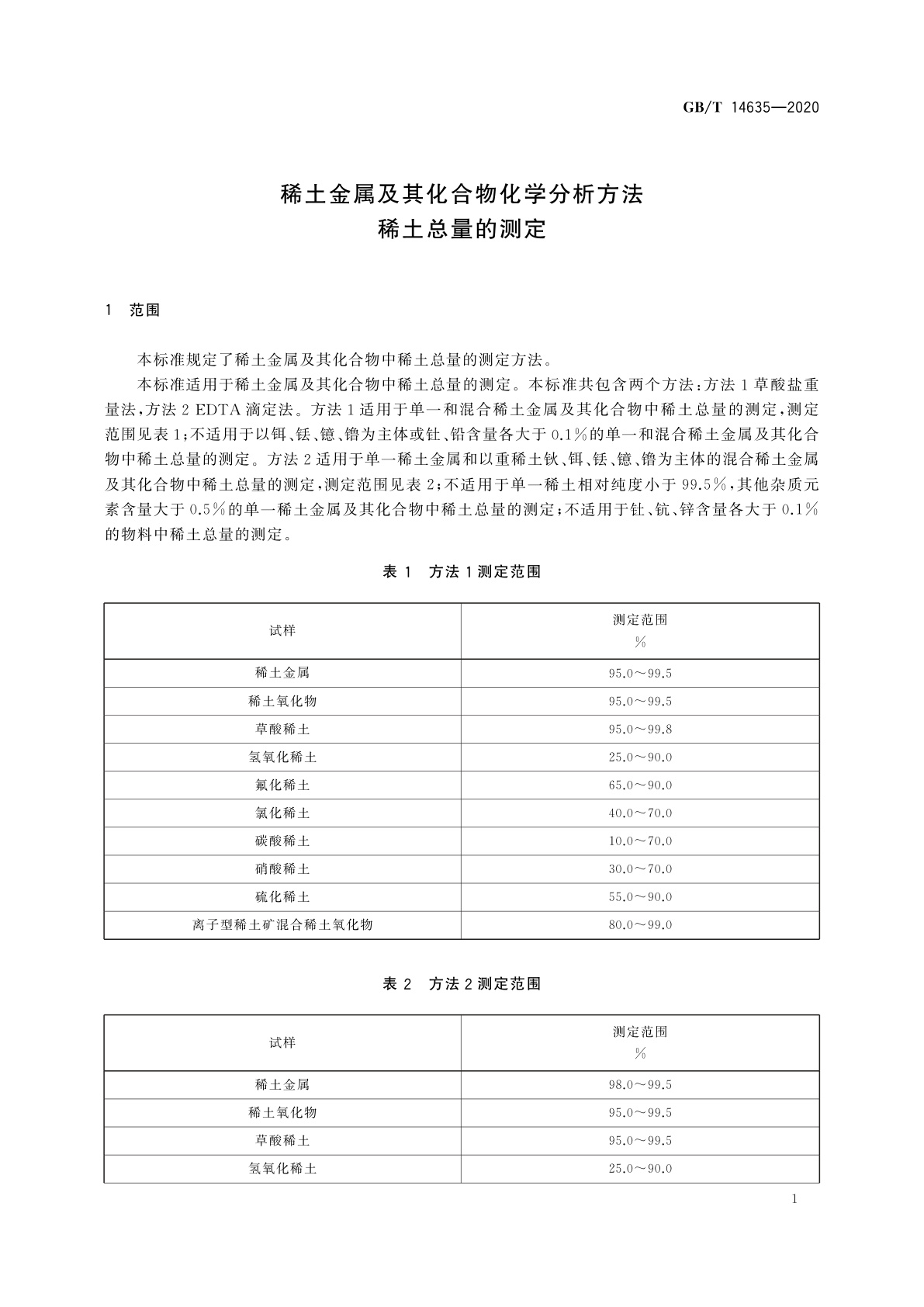 GB/T 14635-2020 稀土金属及其化合物化学分析方法　稀土总量的测定