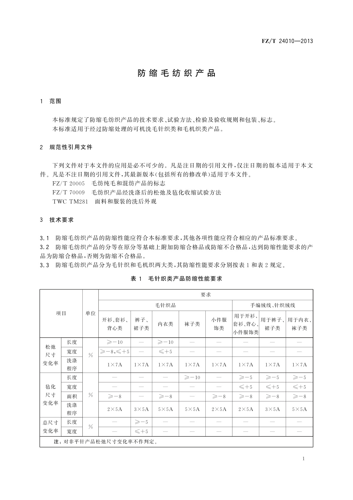 FZ/T 24010-2013 防缩毛纺织产品