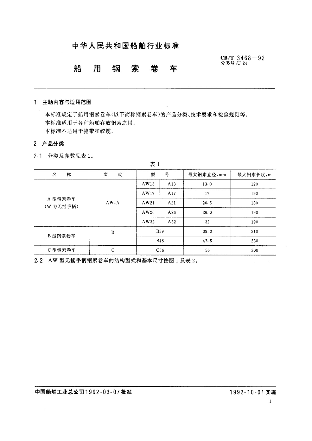 CB/T 3468-1992 船用钢索卷车