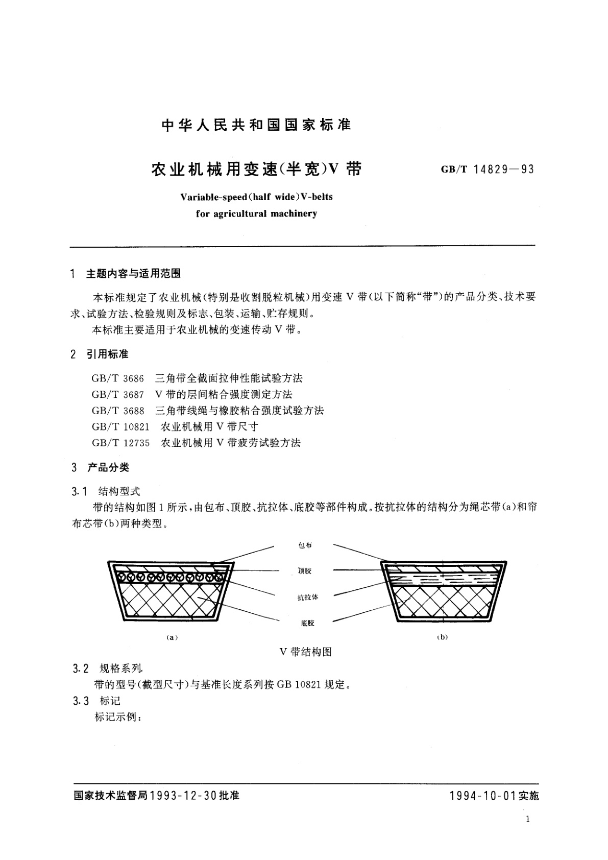 GB/T 14829-1993 农业机械用变速(半宽)V带