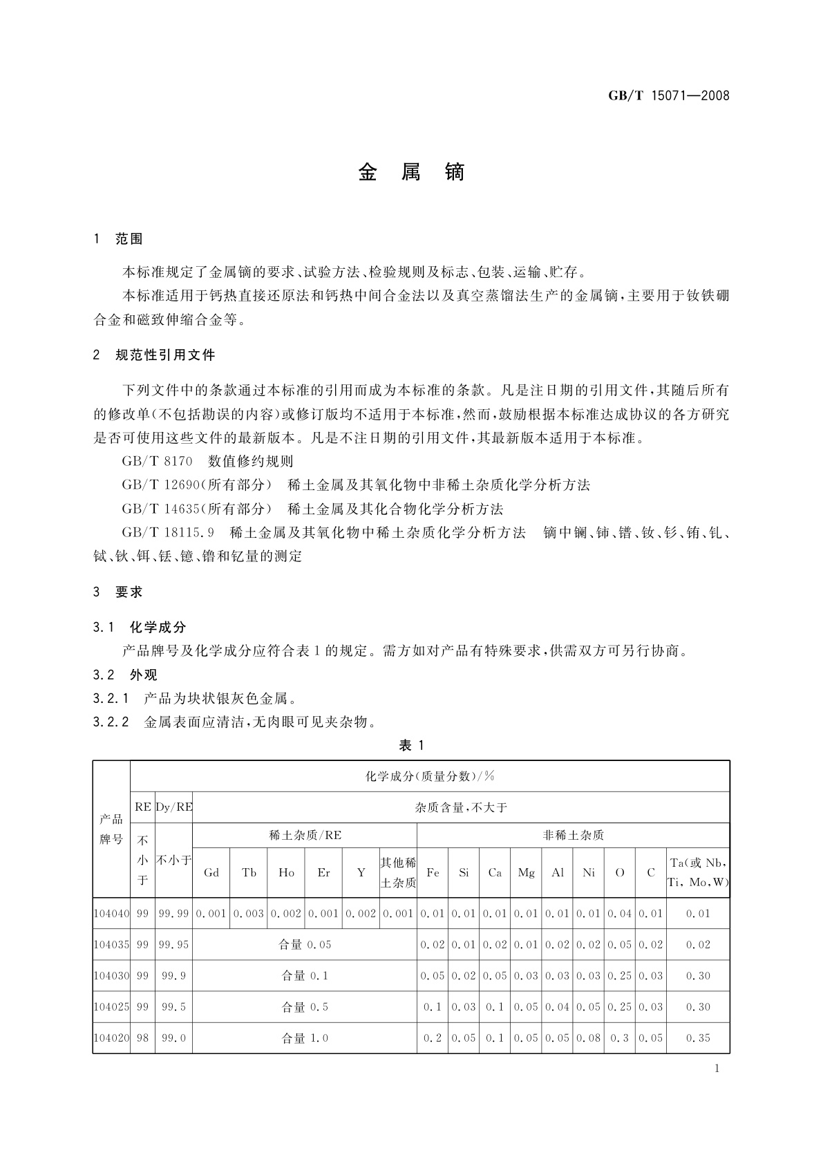 GB/T 15071-2008 金属镝