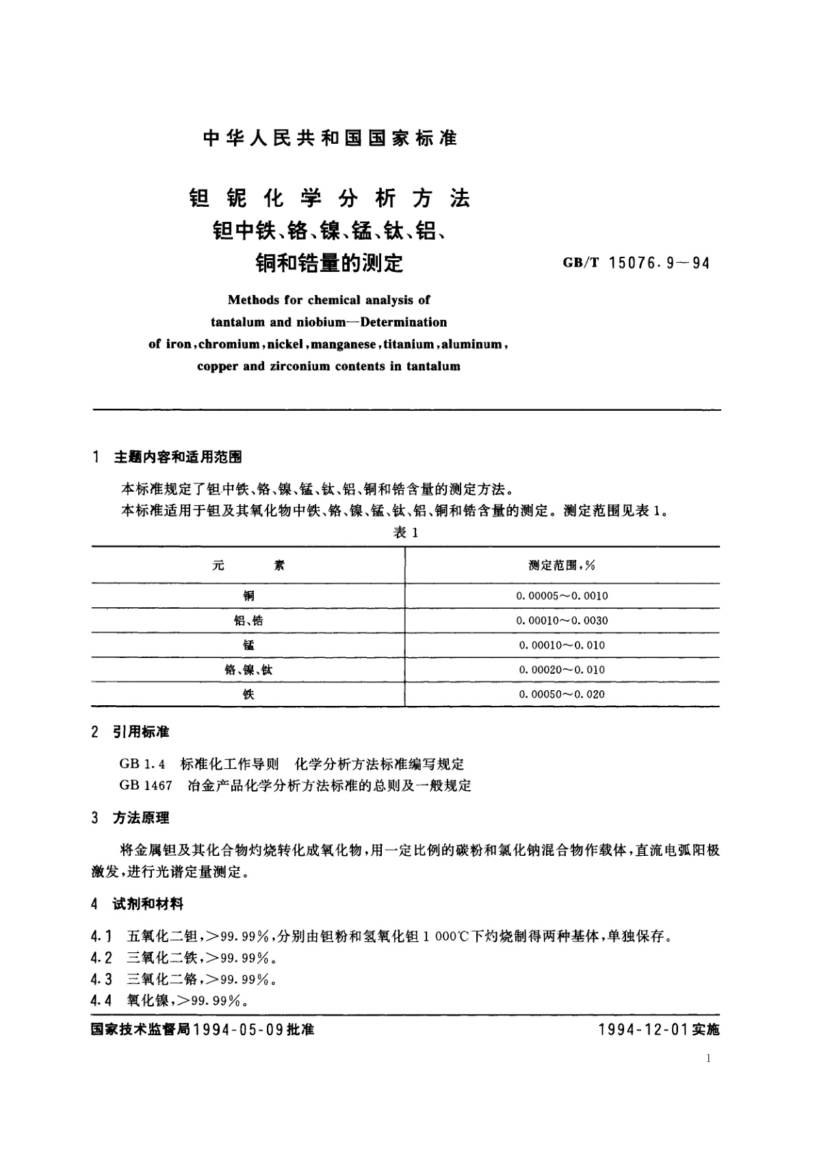 GB/T 15076.9-1994 钽铌化学分析方法　钽中铁、铬、镍、锰、钛、铝、铜和锆量的测定