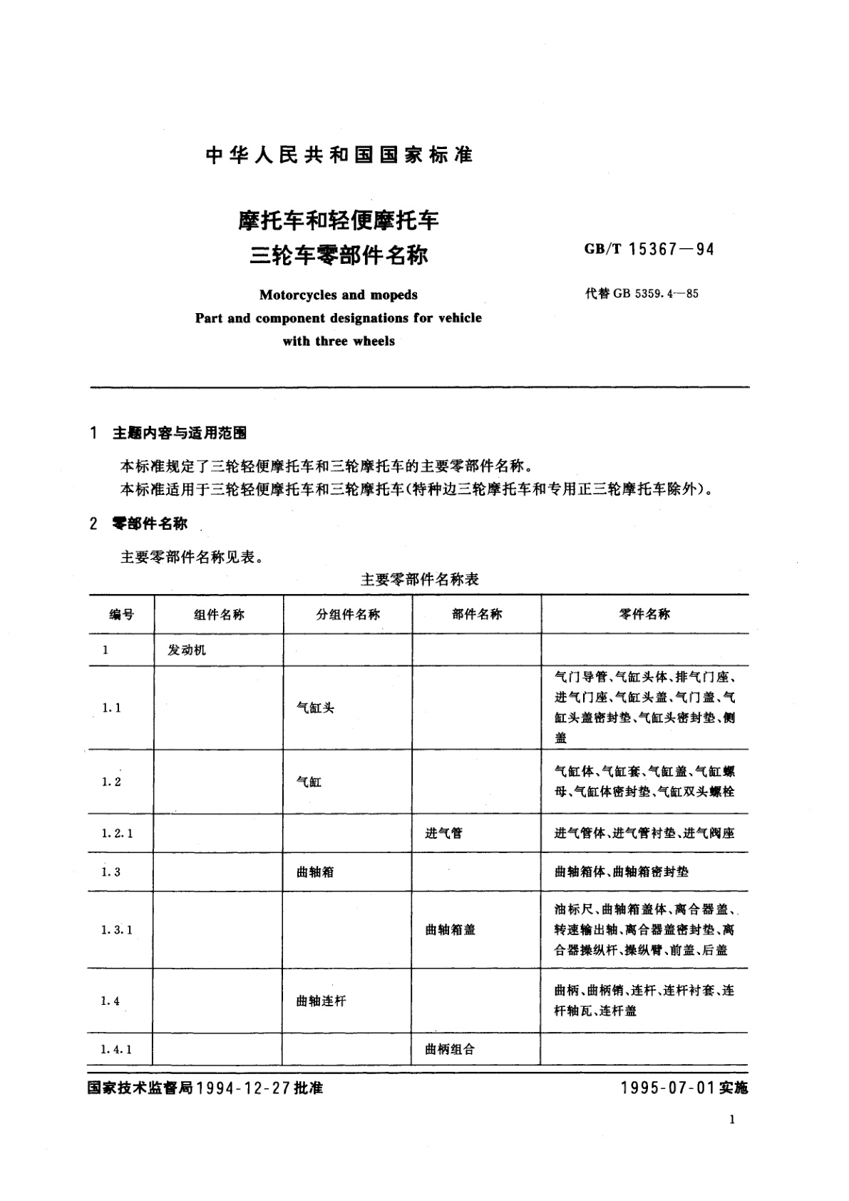 GB/T 15367-1994 摩托车和轻便摩托车三轮车零部件名称