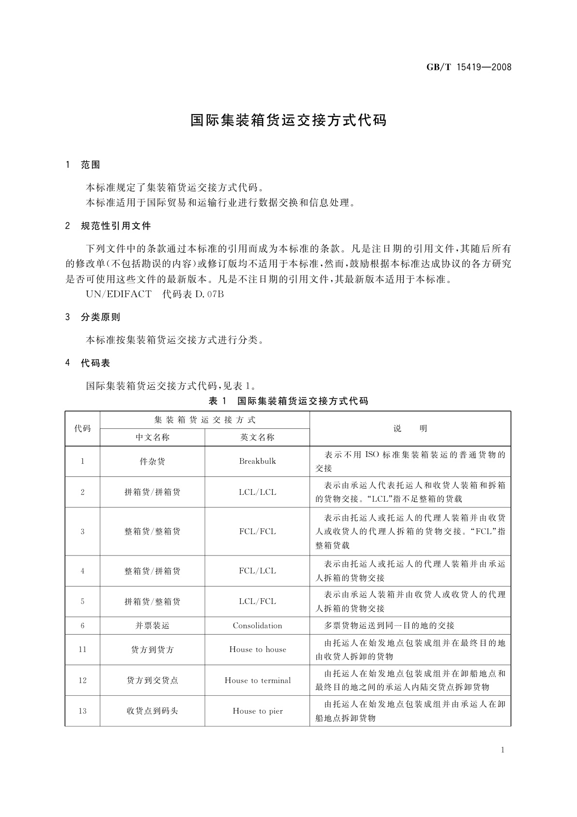 GB/T 15419-2008 国际集装箱货运交接方式代码