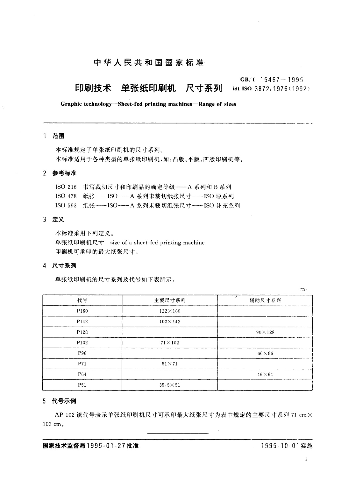 GB/T 15467-1995 印刷技术　单张纸印刷机　尺寸系列