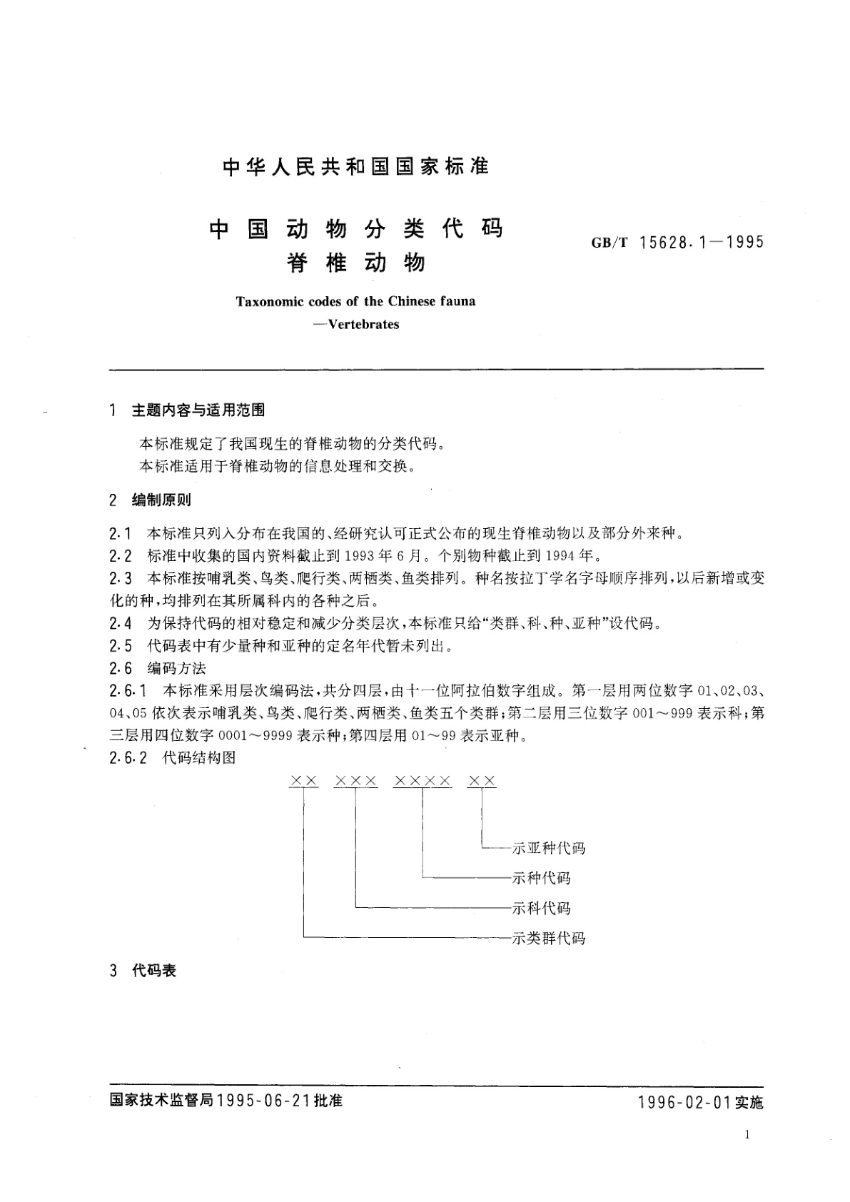 GB/T 15628.1-1995 中国动物分类代码　脊椎动物