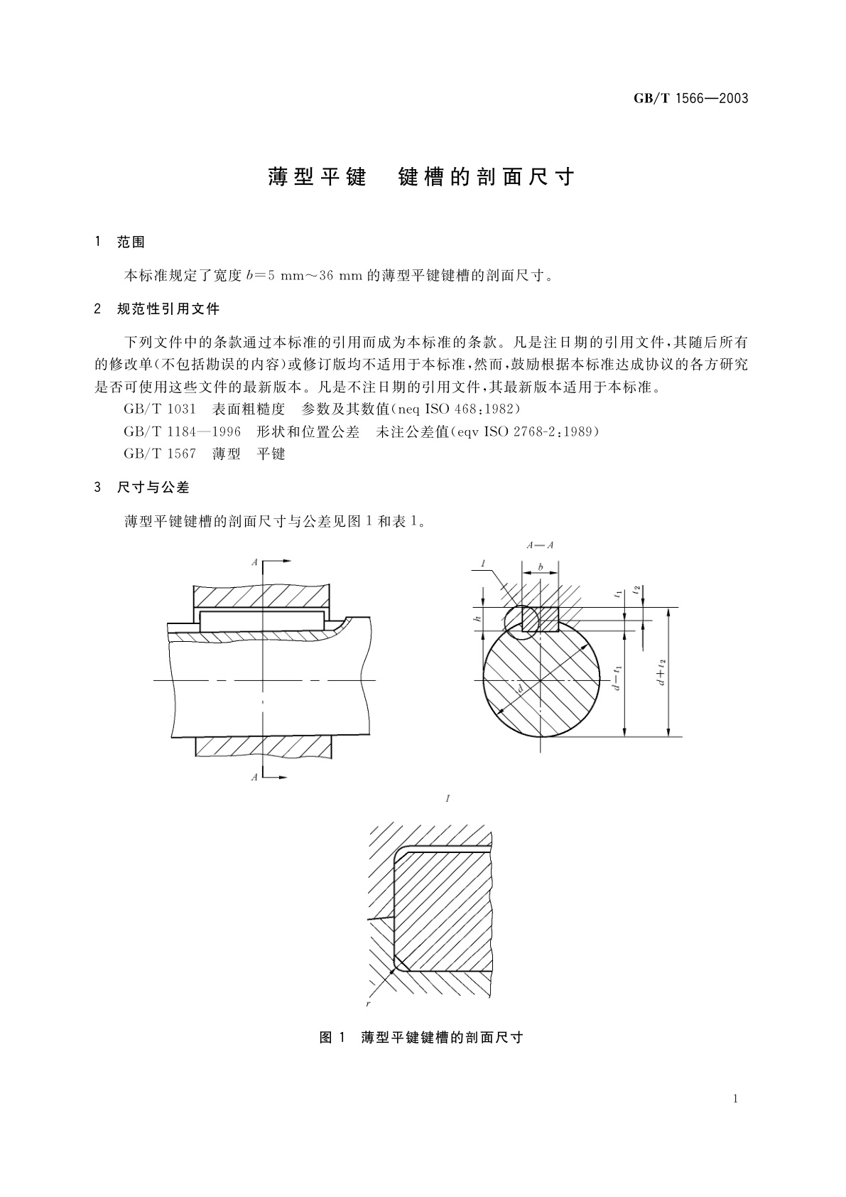 GB/T 1566-2003 薄型平键　键槽的剖面尺寸