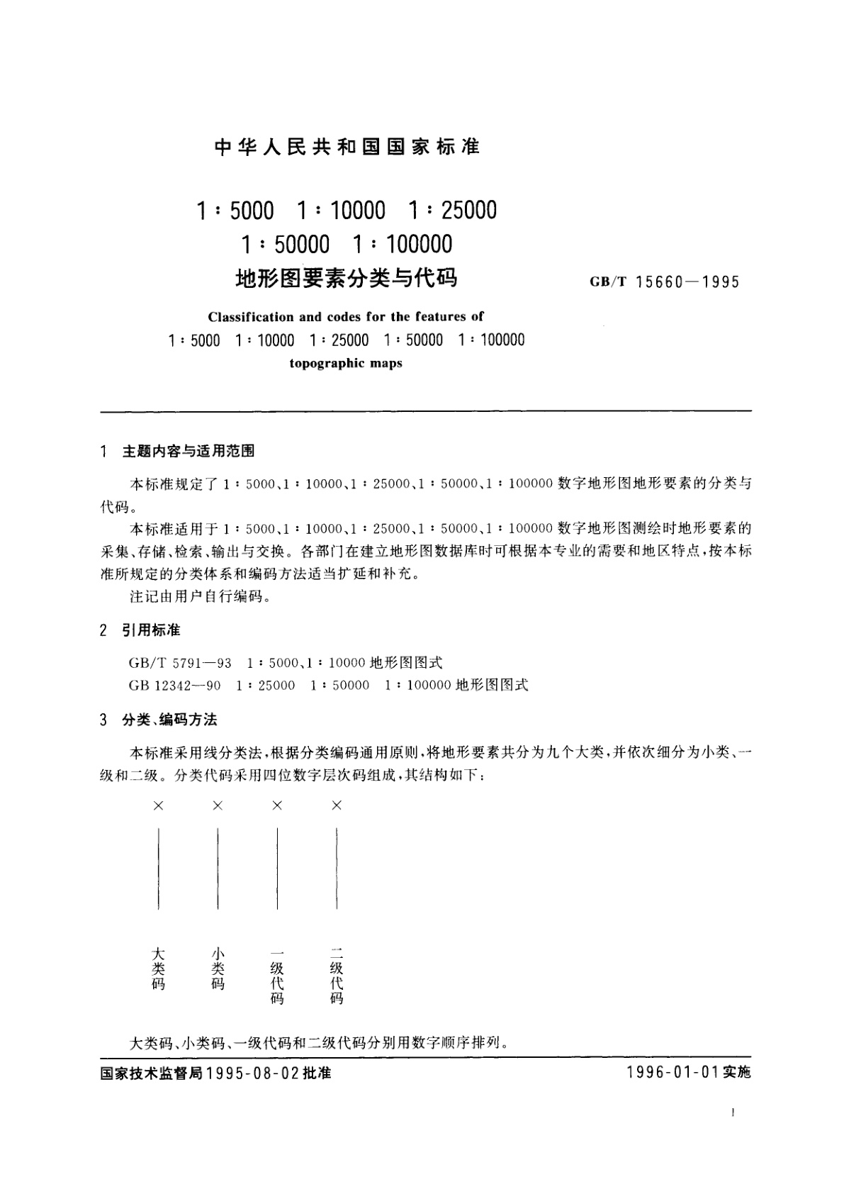 GB/T 15660-1995 1：5000　1：10000　1：25000　1：50000　1：100000地形图要素分类与代码