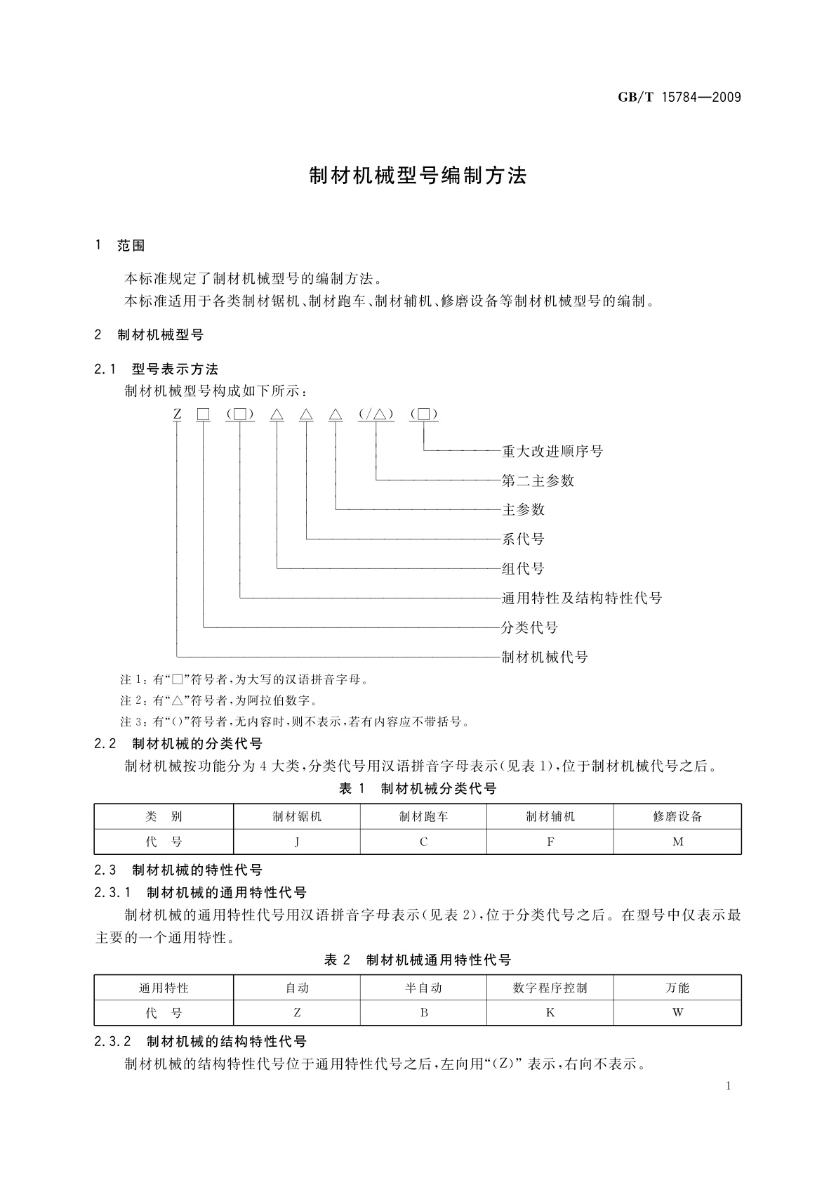GB/T 15784-2009 制材机械型号编制方法