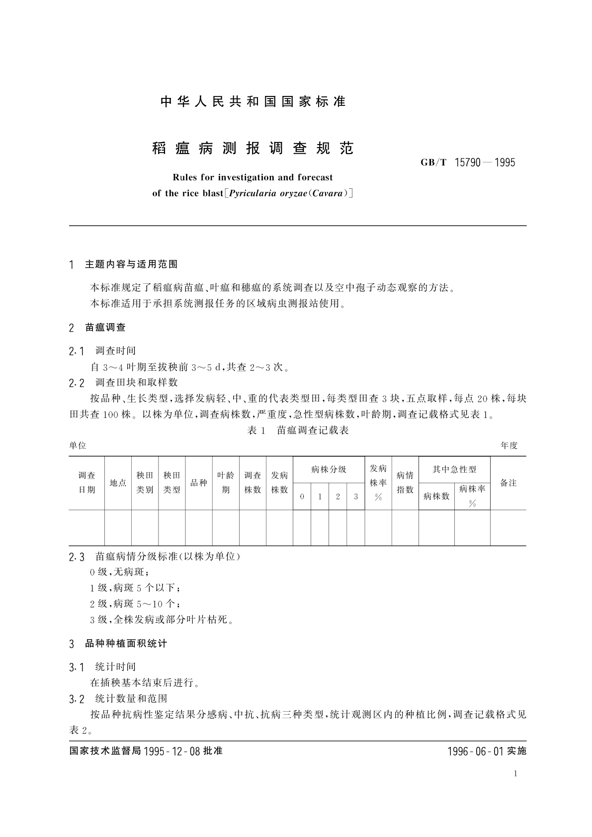 GB/T 15790-1995 稻瘟病测报调查规范