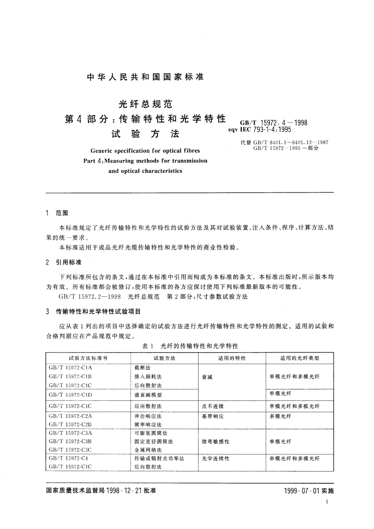GB/T 15972.4-1998 光纤总规范　第4部分：传输特性和光学特性试验方法