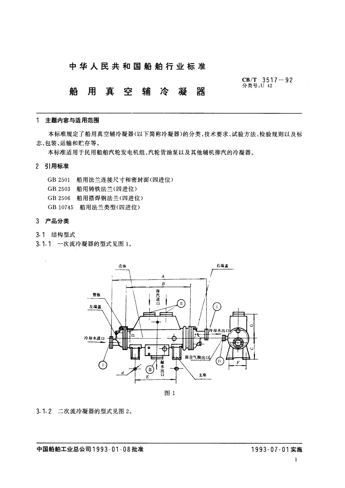 CB/T 3517-1992 船用真空辅冷凝器