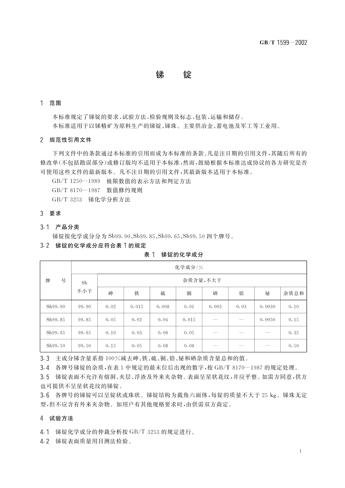 GB/T 1599-2002 锑锭