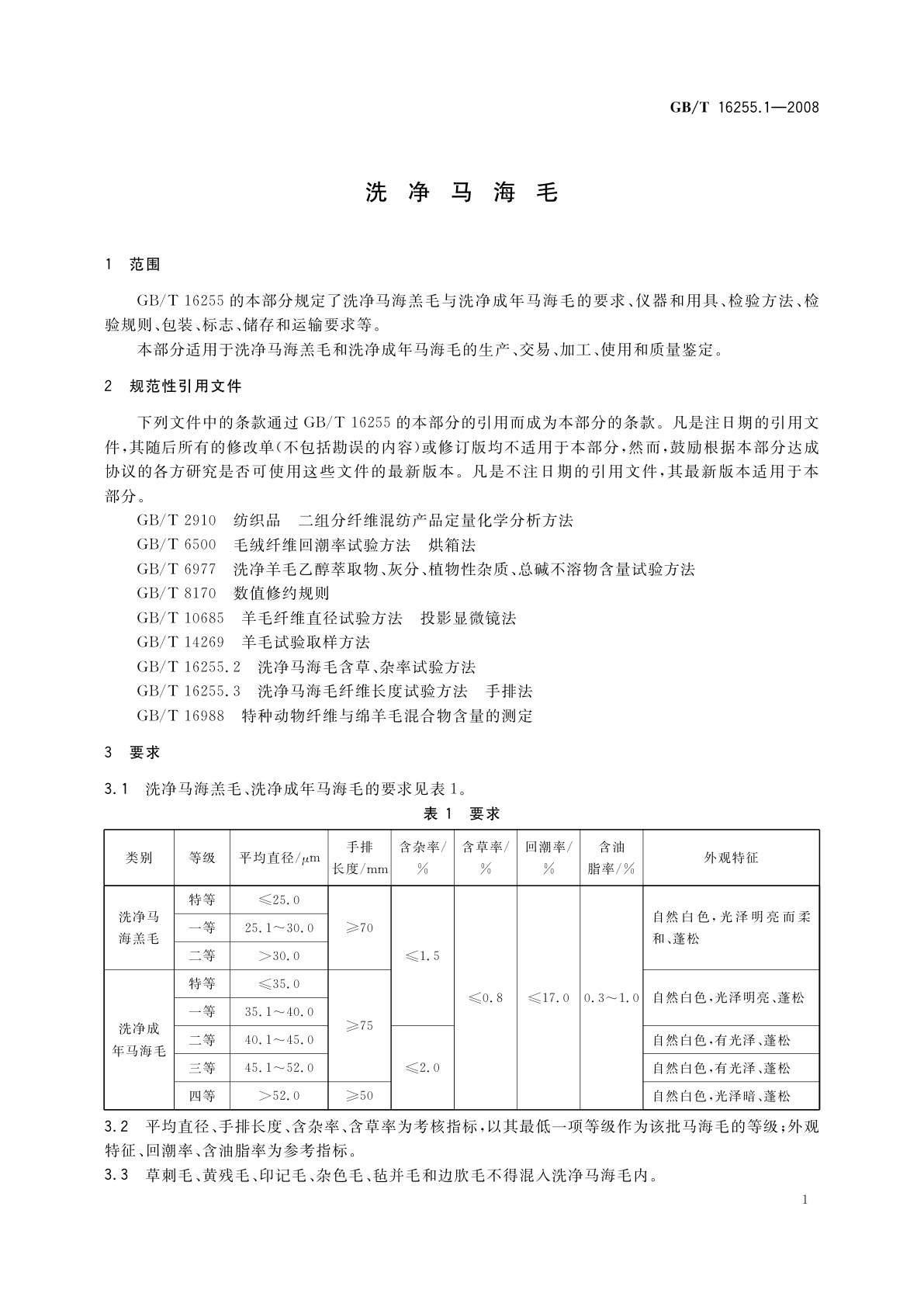 GB/T 16255.1-2008 洗净马海毛