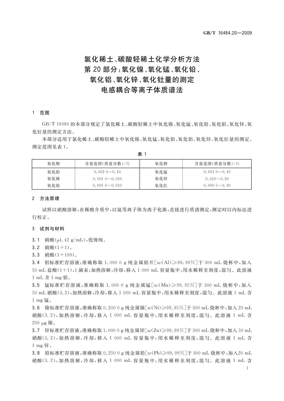 GB/T 16484.20-2009 氯化稀土、碳酸轻稀土化学分析方法　第20部分：氧化镍、氧化锰、氧化铅、氧化铝、氧化锌、氧化钍量的测定　电感耦合等离子体质谱法