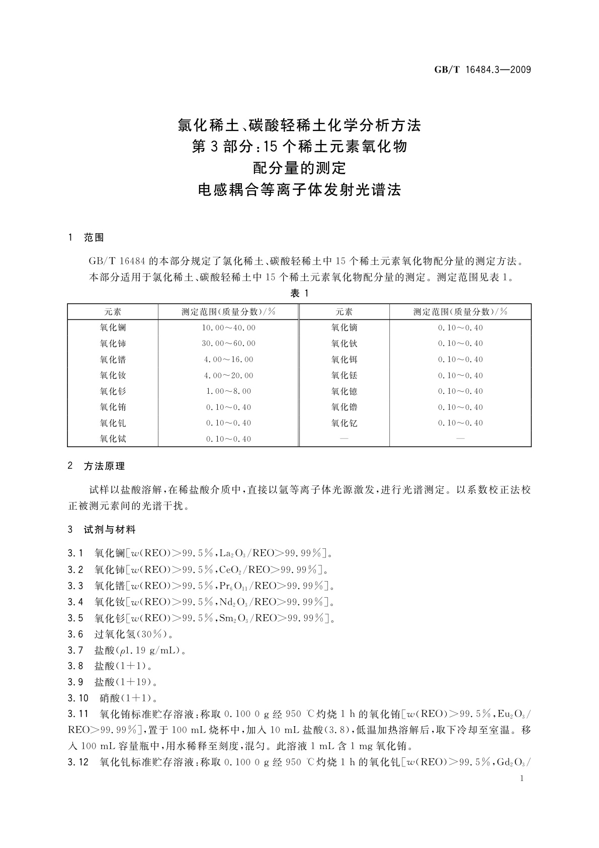 GB/T 16484.3-2009 氯化稀土、碳酸轻稀土化学分析方法　第3部分：15个稀土元素氧化物配分量的测定　电感耦合等离子体发射光谱法