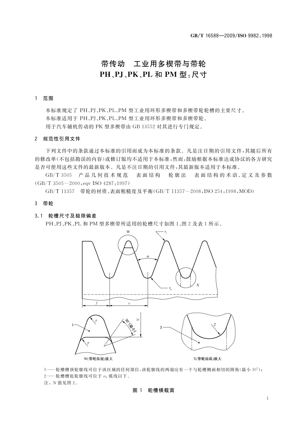 GB/T 16588-2009 带传动　工业用多楔带与带轮　PH、PJ、PK、PL和PM型：尺寸