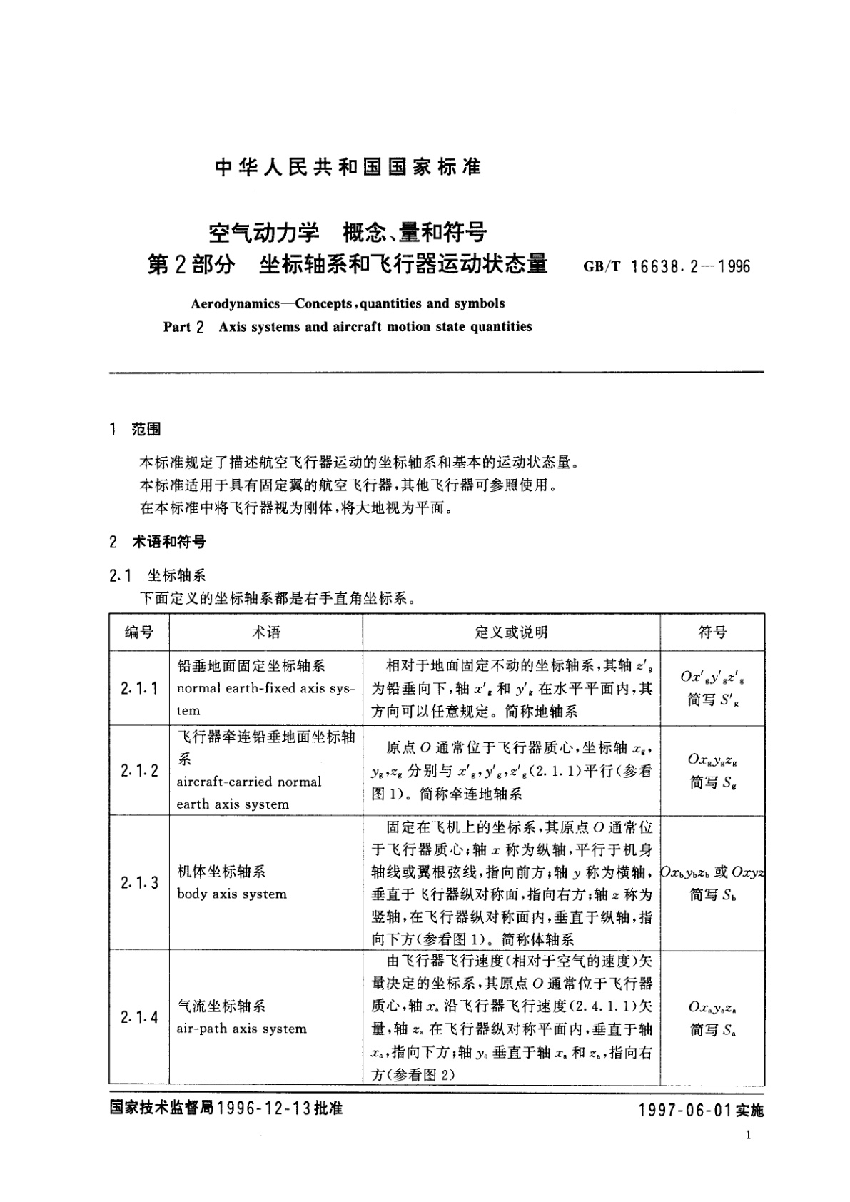 GB/T 16638.2-1996 空气动力学　概念、量和符号　第2部分　坐标轴系和飞行器运动状态量