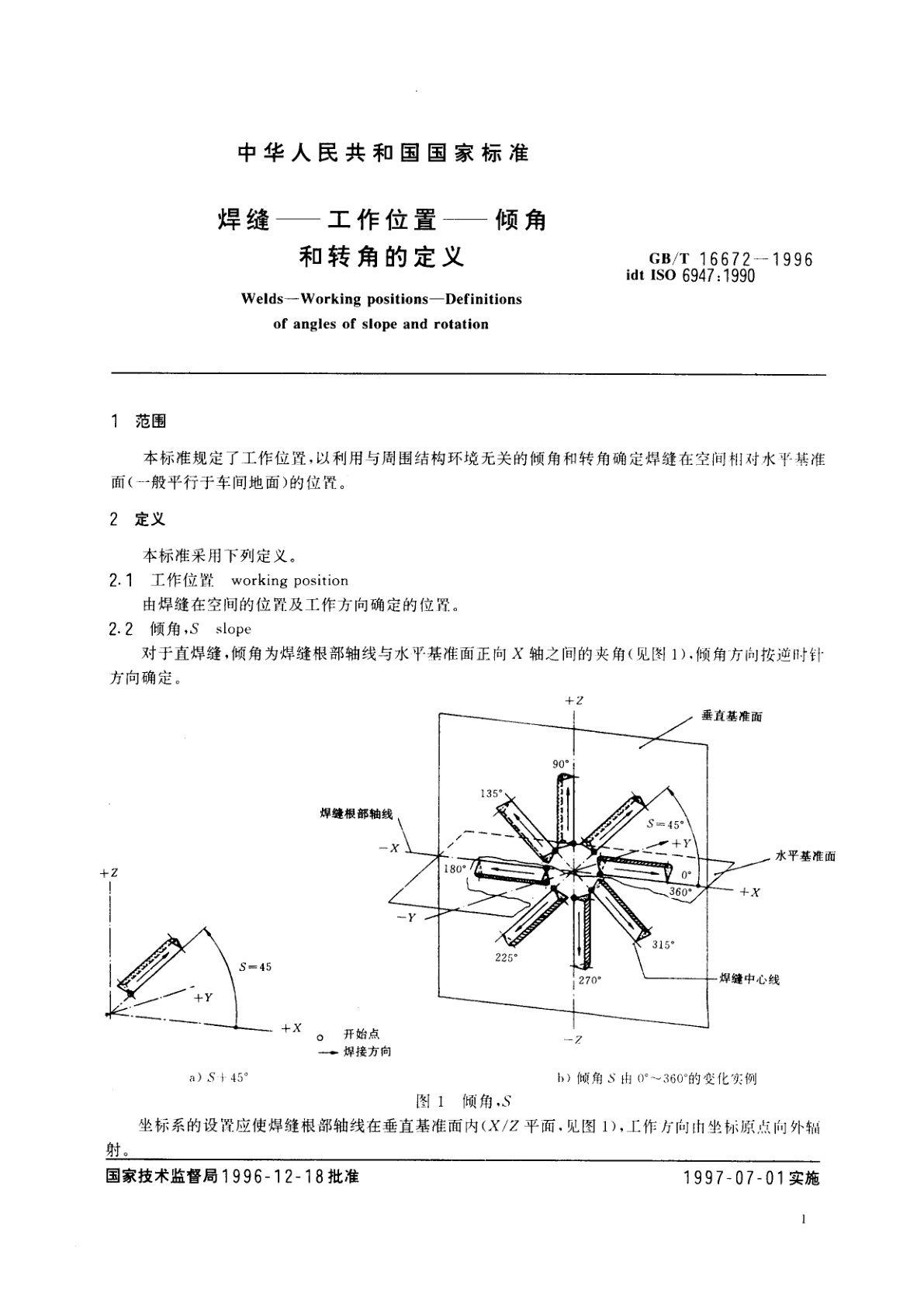 GB/T 16672-1996 焊缝　工作位置　倾角和转角的定义