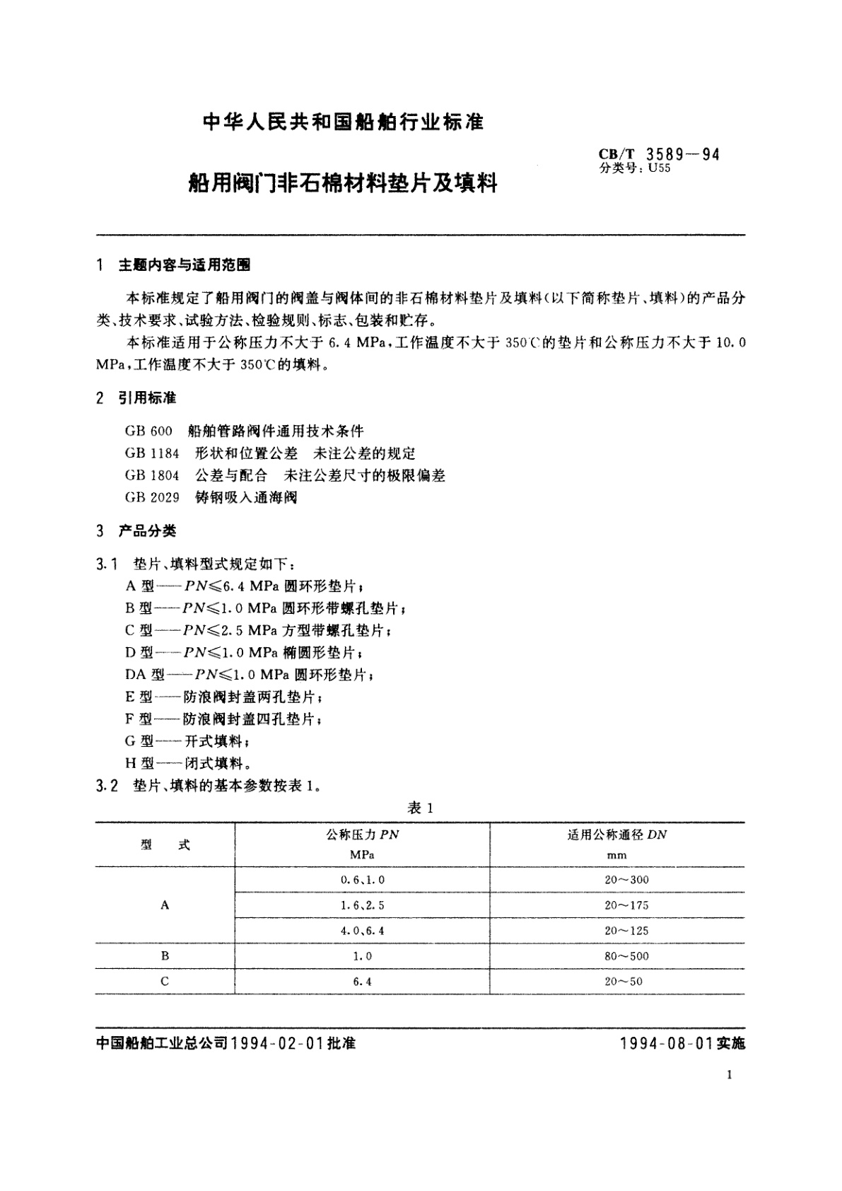 CB/T 3589-1994 船用阀门非石棉材料垫片及填料