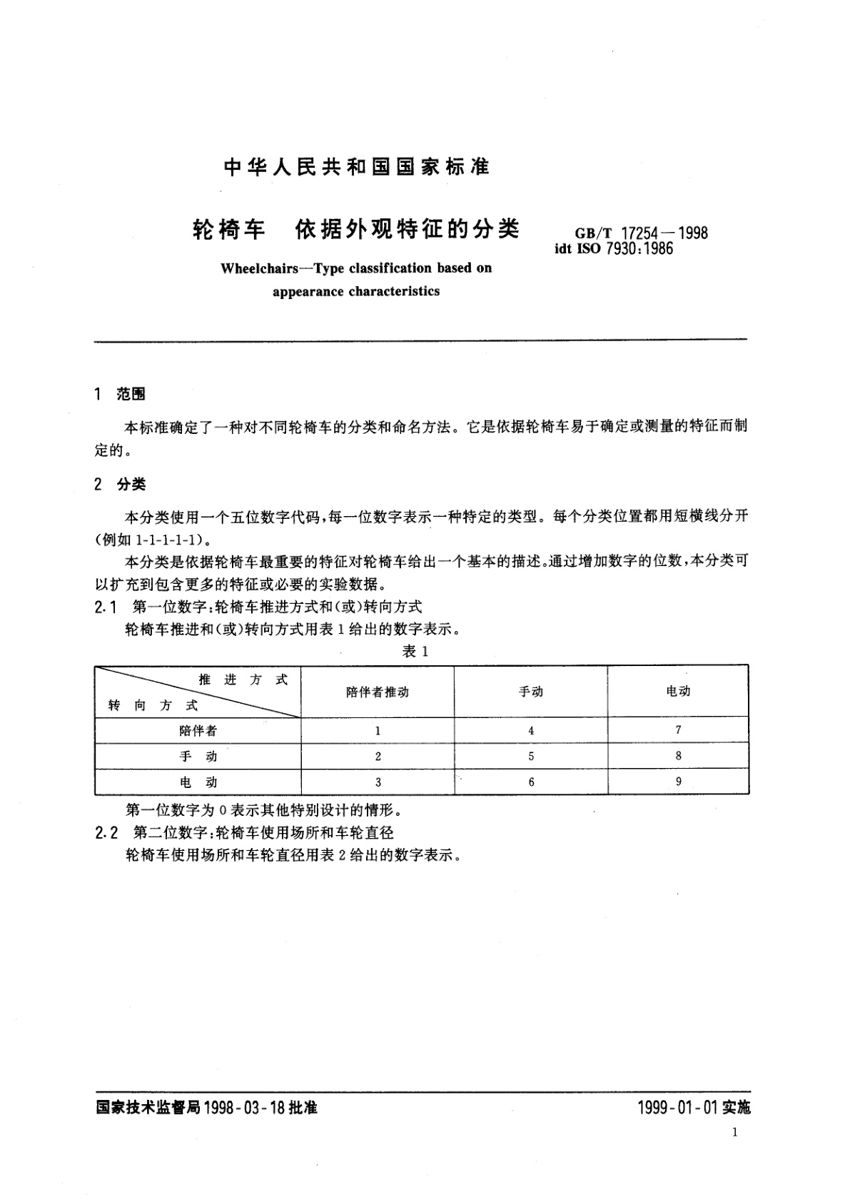 GB/T 17254-1998 轮椅车　依据外观特征的分类