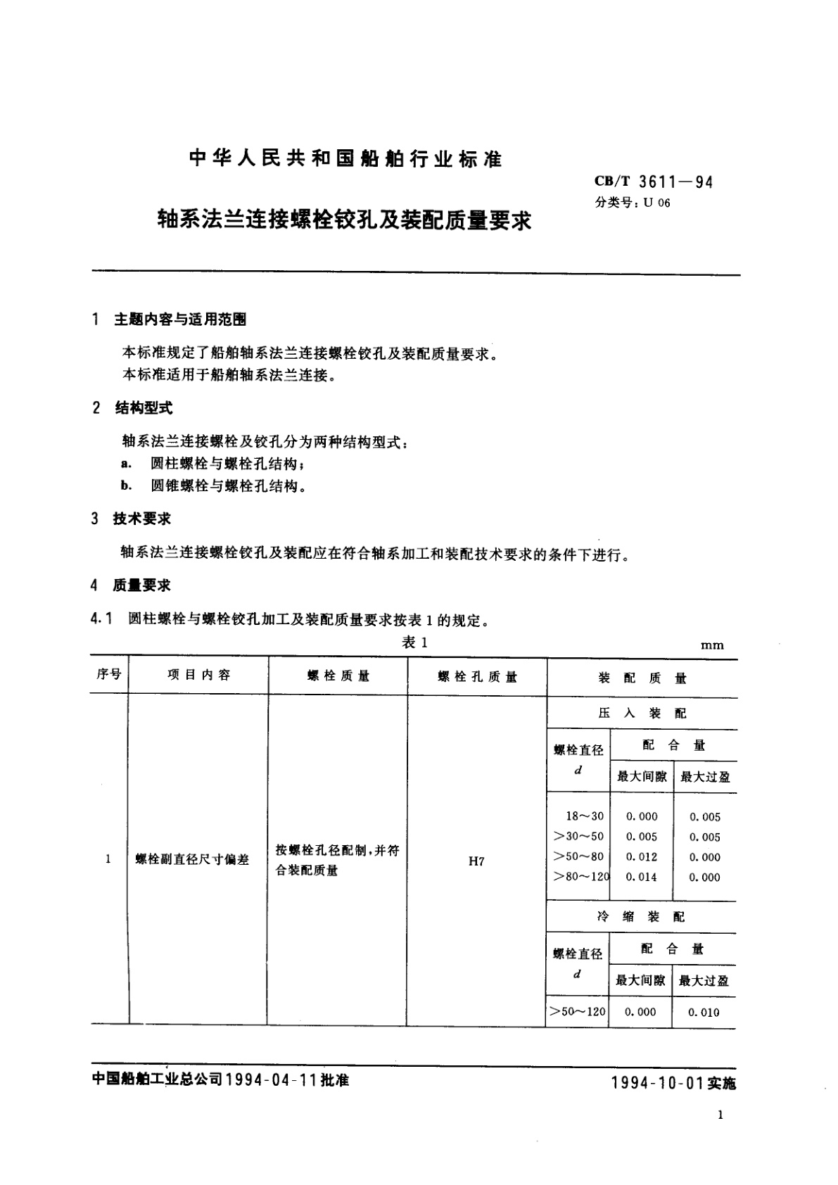 CB/T 3611-1994 轴系法兰连接螺栓铰孔及装配质量要求