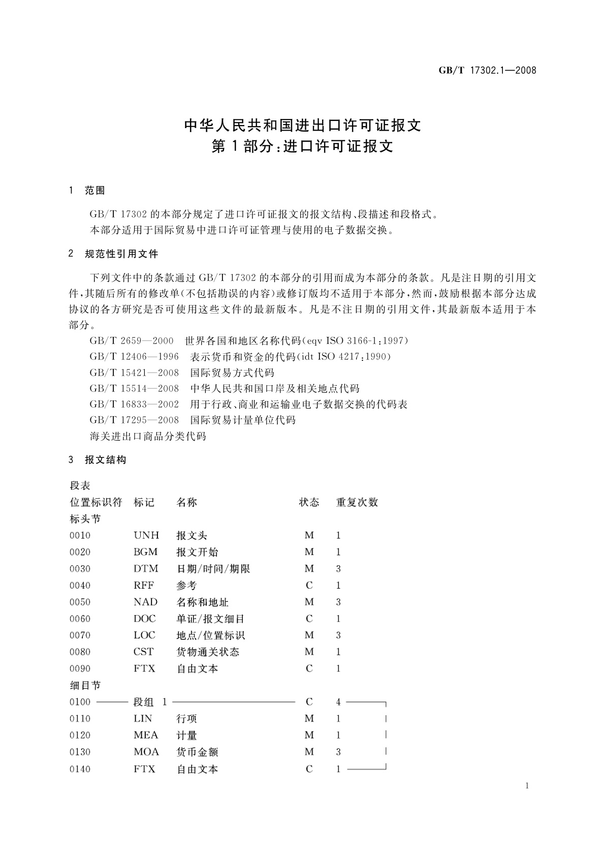 GB/T 17302.1-2008 中华人民共和国进出口许可证报文　第1部分：进口许可证报文