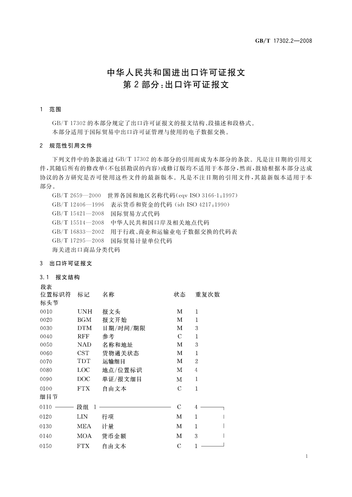 GB/T 17302.2-2008 中华人民共和国进出口许可证报文　第2部分：出口许可证报文