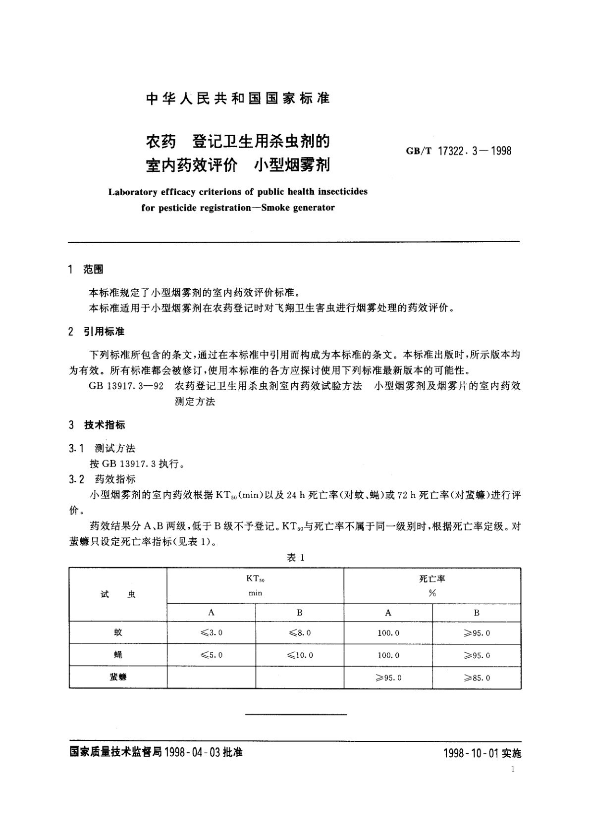 GB/T 17322.3-1998 农药　登记卫生用杀虫剂的室内药效评价　小型烟雾剂
