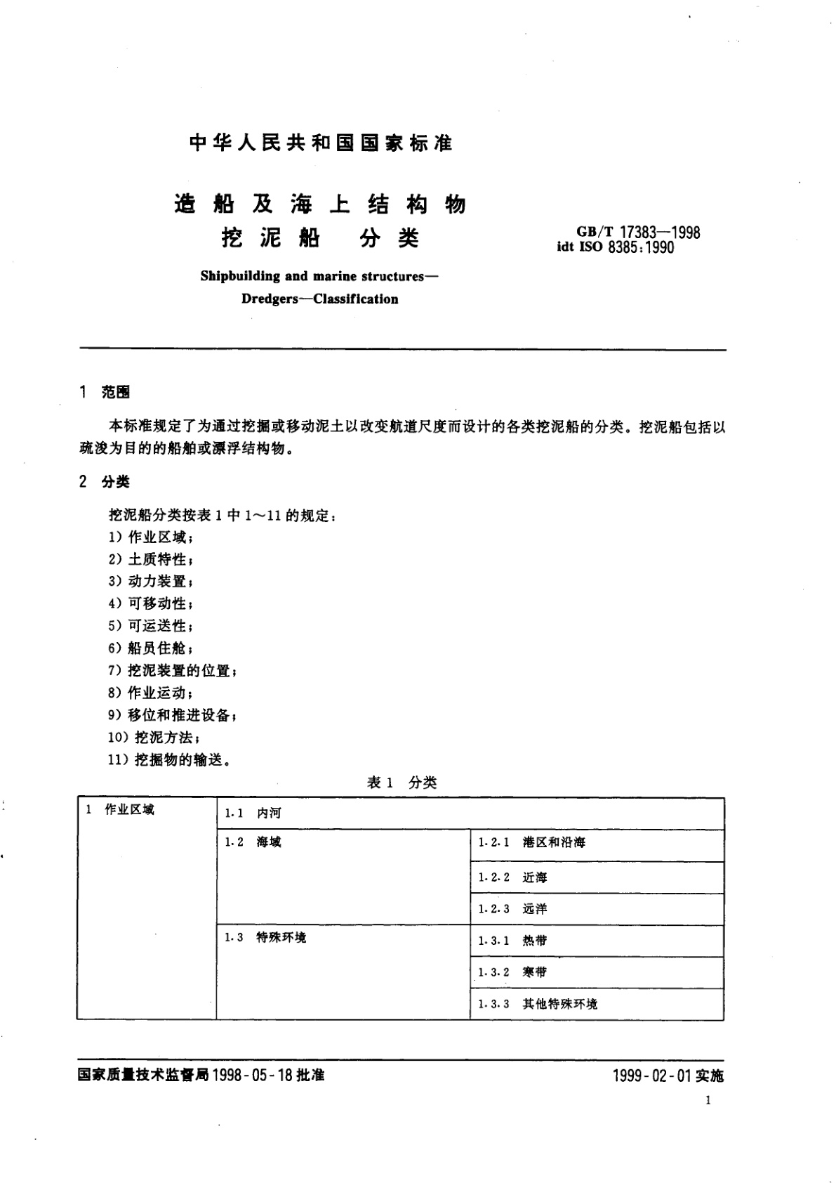 GB/T 17383-1998 造船及海上结构物　挖泥船　分类