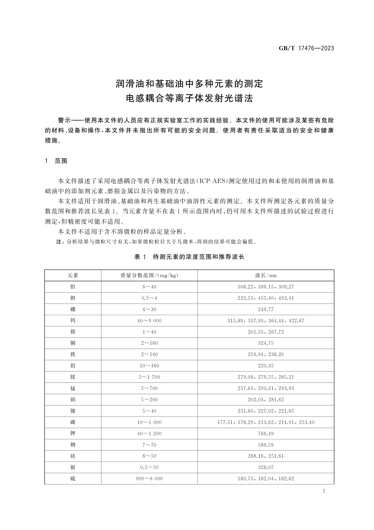 GB/T 17476-2023 润滑油和基础油中多种元素的测定　电感耦合等离子体发射光谱法