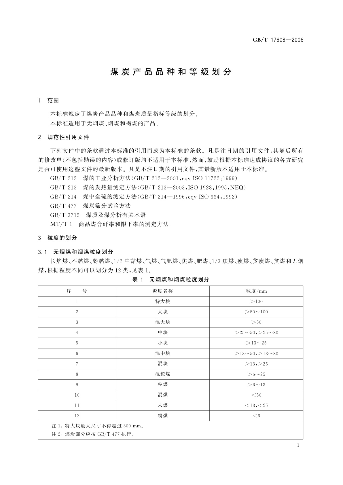 GB/T 17608-2006 煤炭产品品种和等级划分