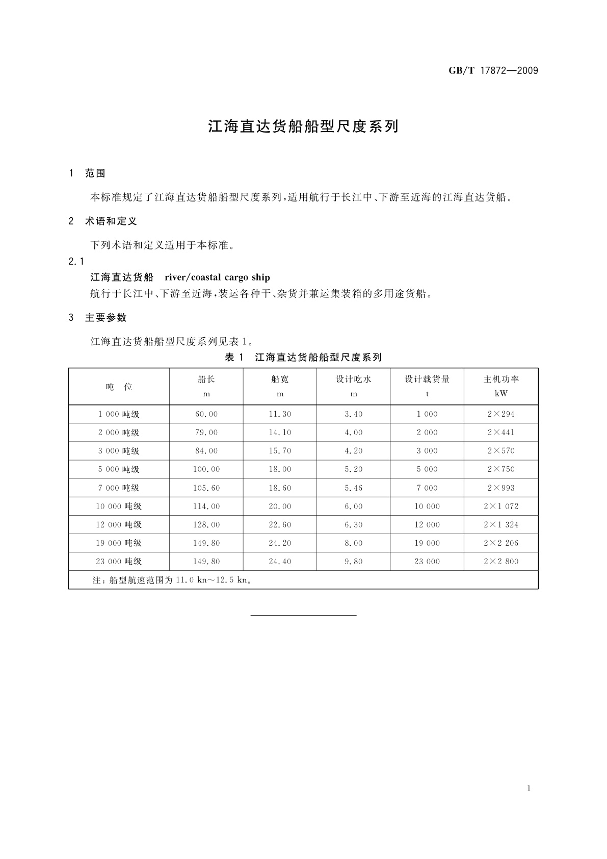 GB/T 17872-2009 江海直达货船船型尺度系列