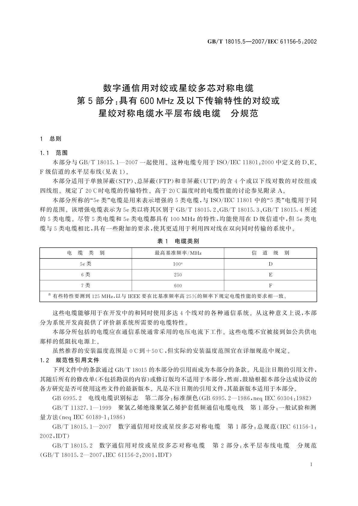 GB/T 18015.5-2007 数字通信用对绞或星绞多芯对称电缆　第5部分：具有600MHz及以下传输特性的对绞或星绞对称电缆　水平层布线电缆　分规范