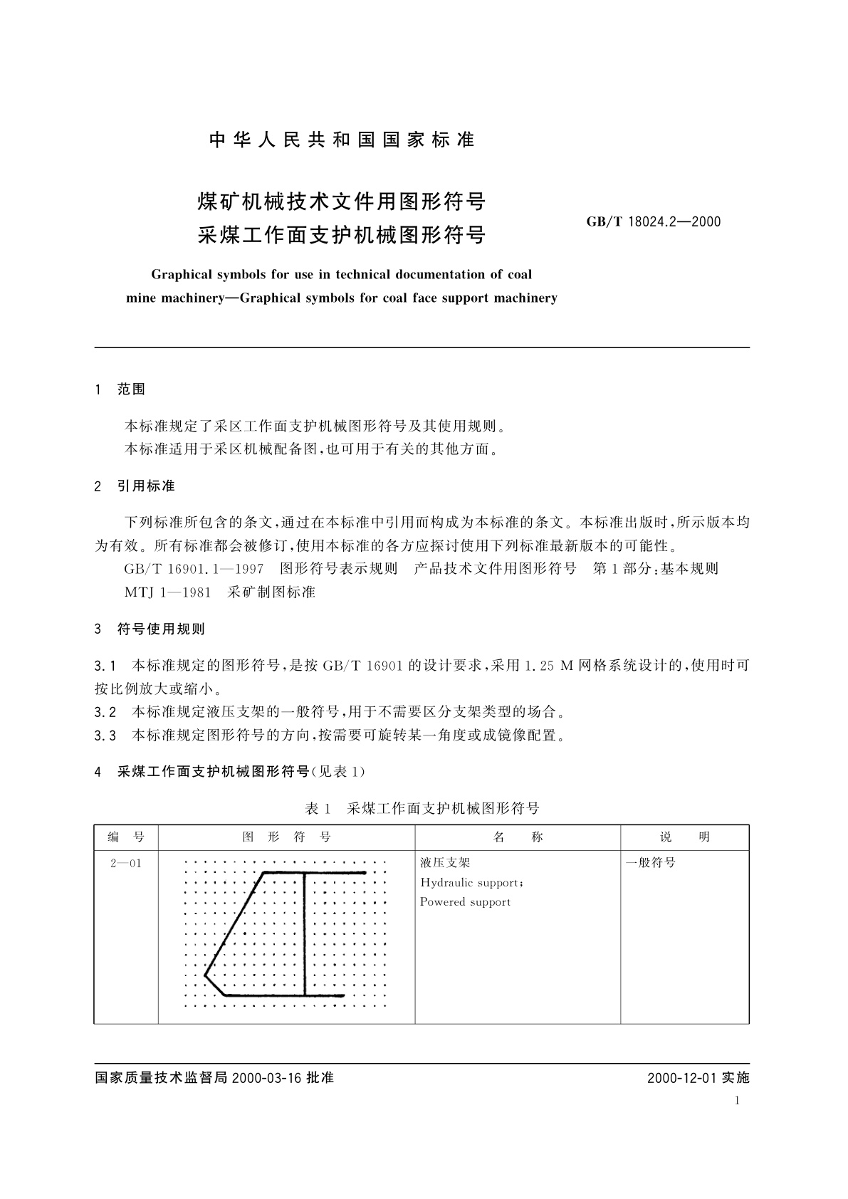 GB/T 18024.2-2000 煤矿机械技术文件用图形符号　采煤工作面支护机械图形符号