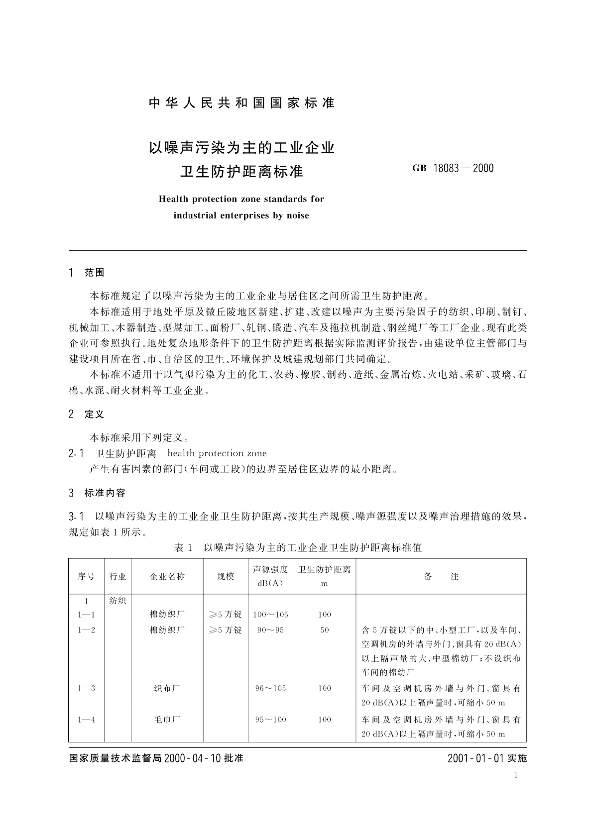 GB/T 18083-2000 以噪声污染为主的工业企业卫生防护距离标准