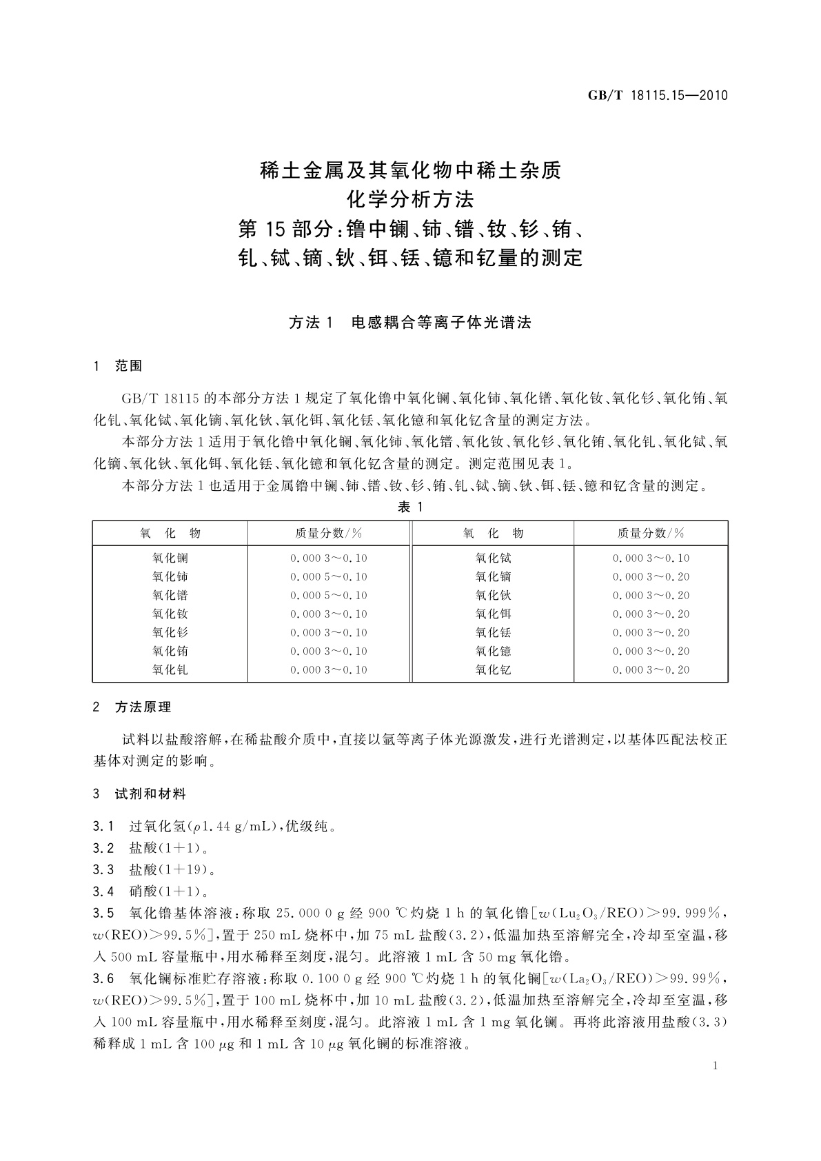 GB/T 18115.15-2010 稀土金属及其氧化物中稀土杂质化学分析方法　第15部分：镥中镧、铈、镨、钕、钐、铕、钆、铽、镝、钬、铒、铥、镱和钇量的测定