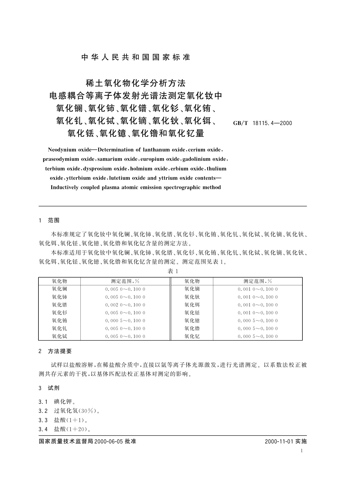 GB/T 18115.4-2000 稀土氧化物化学分析方法　电感耦合等离子体发射光谱法测定氧化钕中氧化镧、氧化铈、氧化镨、氧化钐、氧化铕、氧化钆、氧化铽、氧化镝、氧化钬、氧化铒、氧化铥、氧化镱、氧化镥和氧化钇量