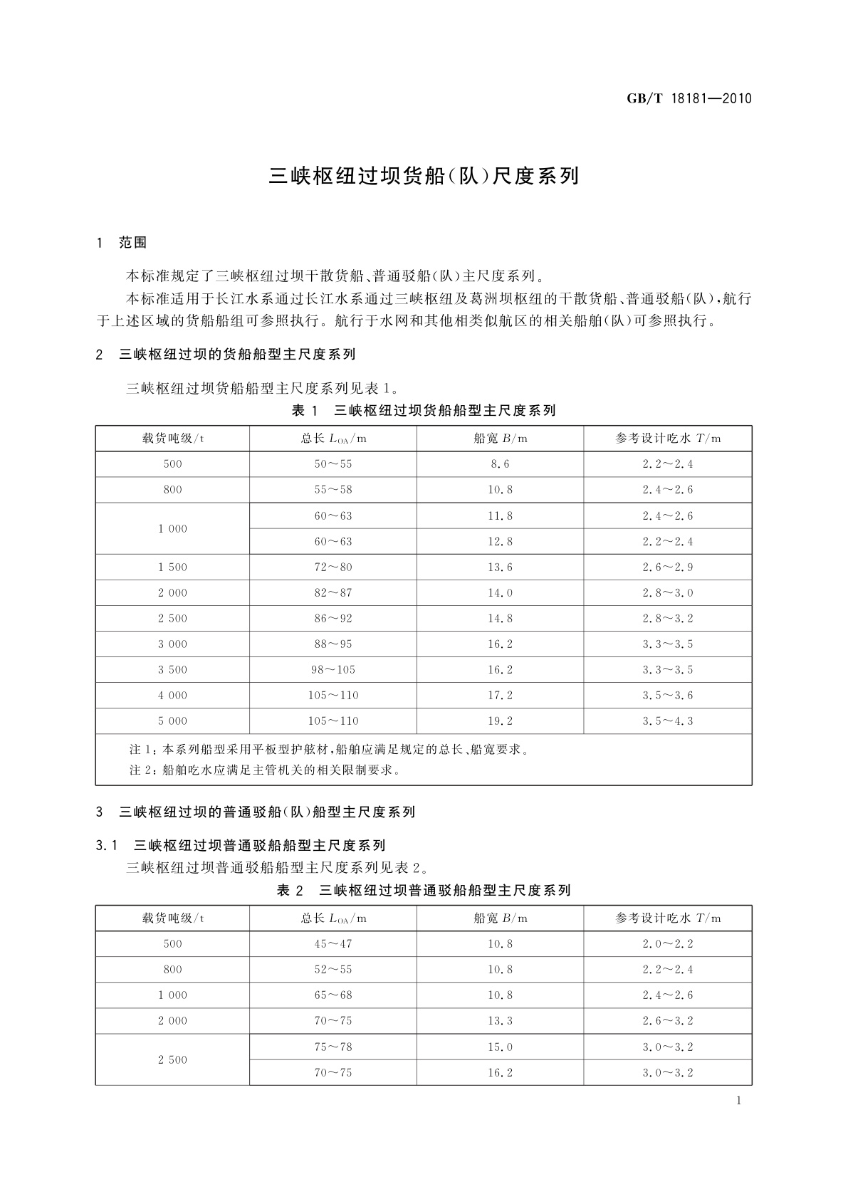 GB/T 18181-2010 三峡枢纽过坝货船(队)尺度系列