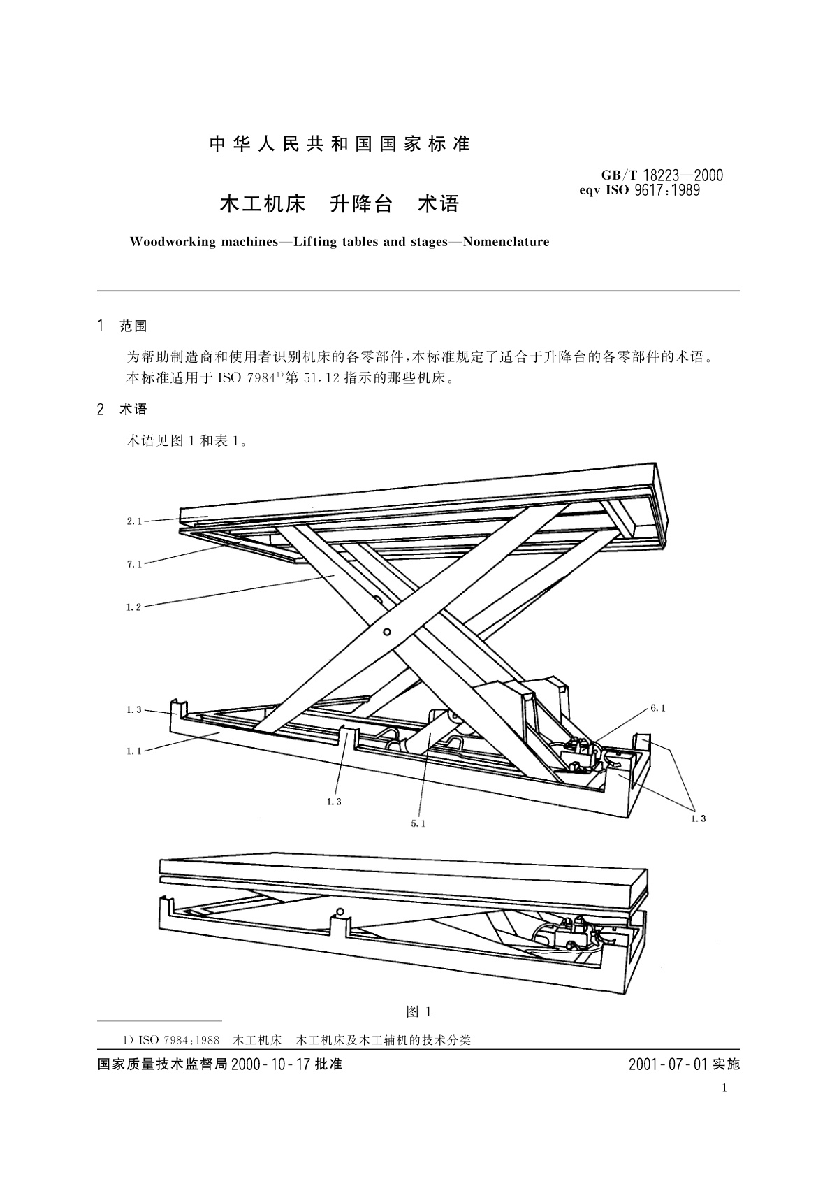 GB/T 18223-2000 木工机床　升降台　术语