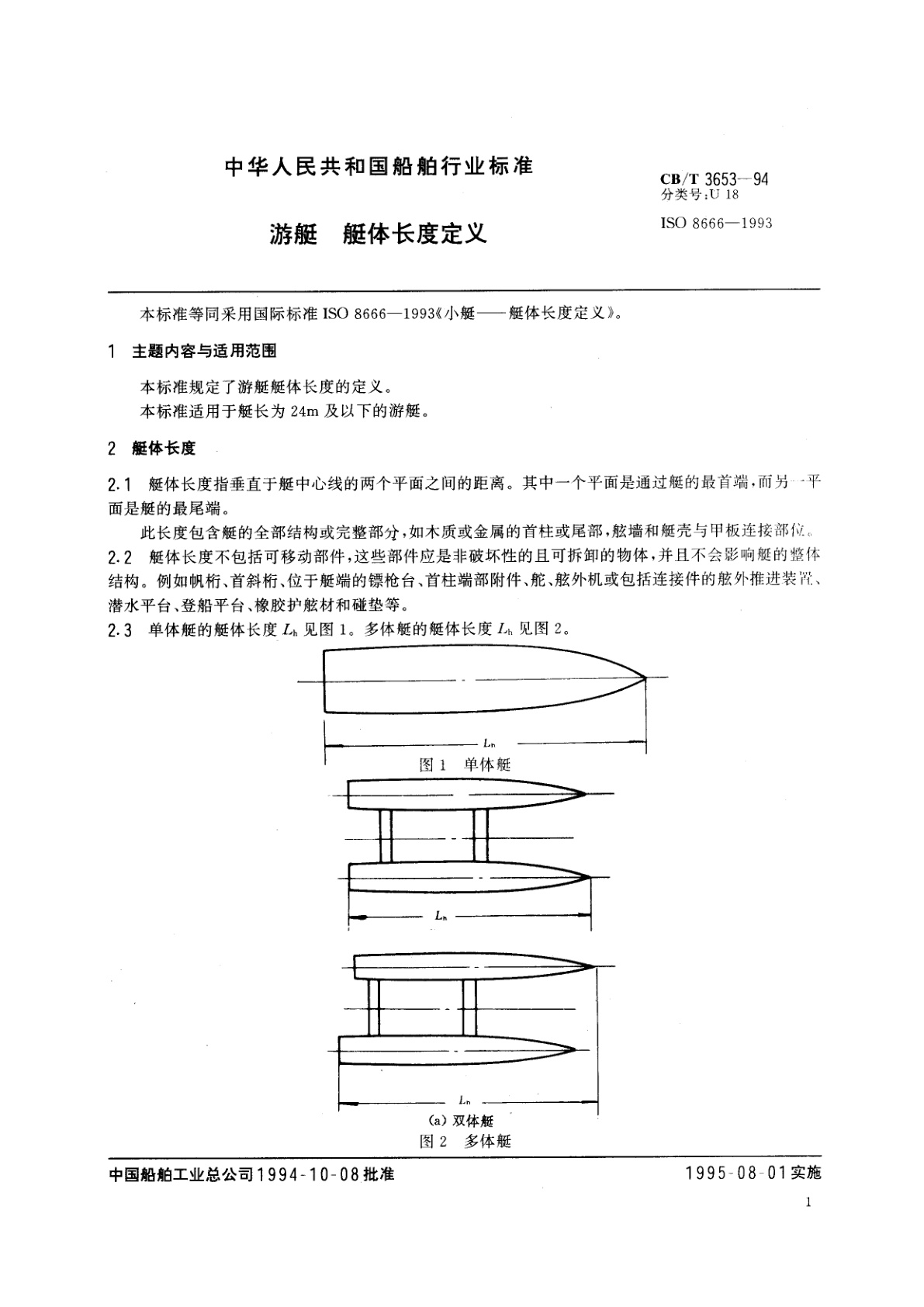 CB/T 3653-1994 游艇　艇体长度定义