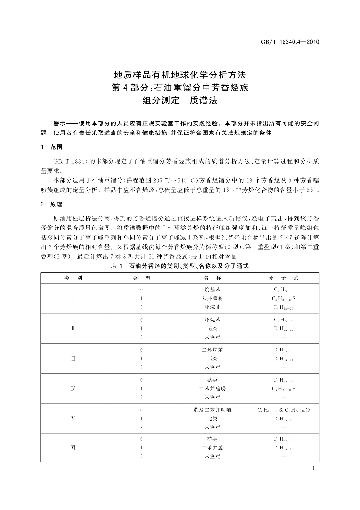 GB/T 18340.4-2010 地质样品有机地球化学分析方法　第4部分：石油重馏分中芳香烃族组分测定　质谱法